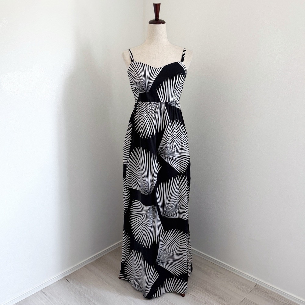 Tori Richard Dress Size Large Black Tropical Hawaiian Print Maxi Cotton Resort